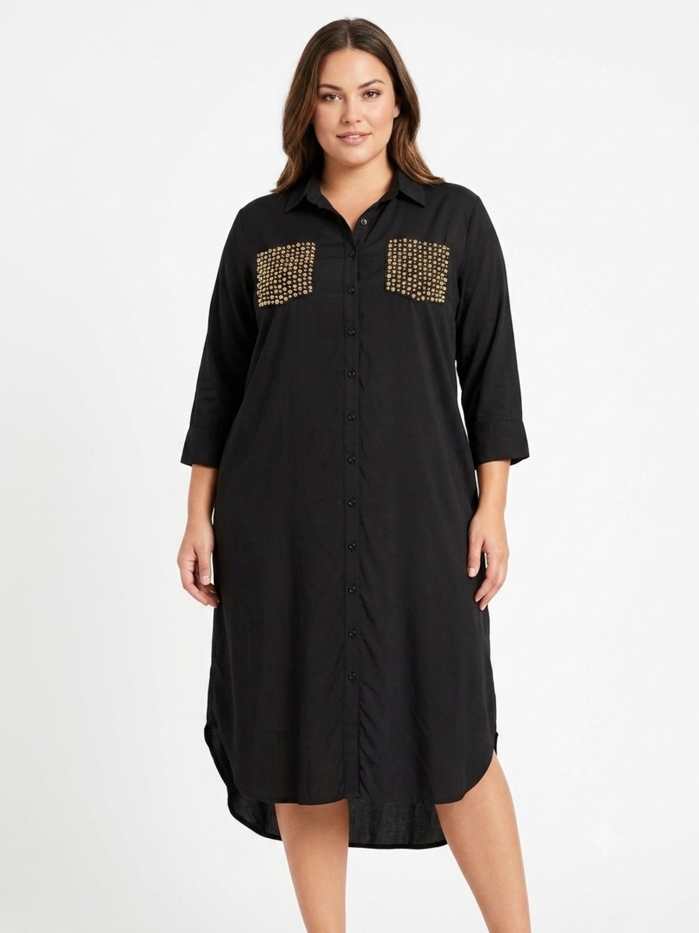Joy & Ash Black Gold Stud Shirt Dress 2X Button High Low